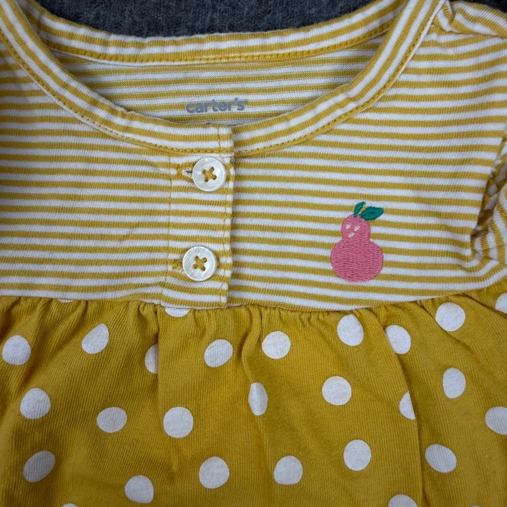 Carter's Top Baby Girl 9M Yellow Polka Dot Striped Flutter Sleeve‎ Pear Accent